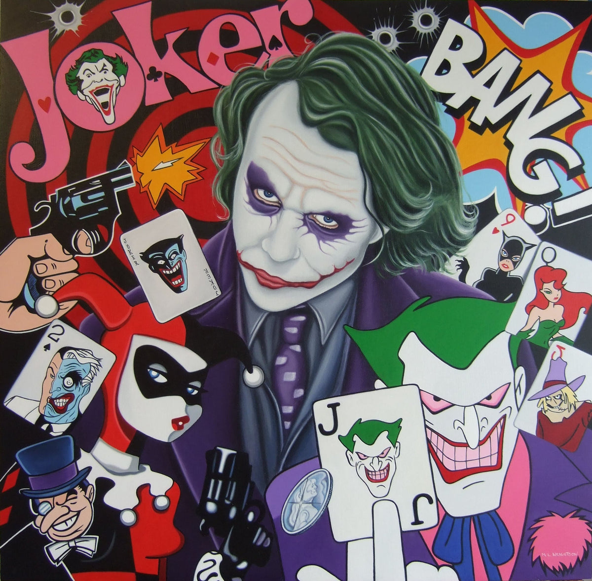 Limited edition print by Marie Louise Wrightson, vivid comic-book collage of the Joker with bold lettering and playing cards.