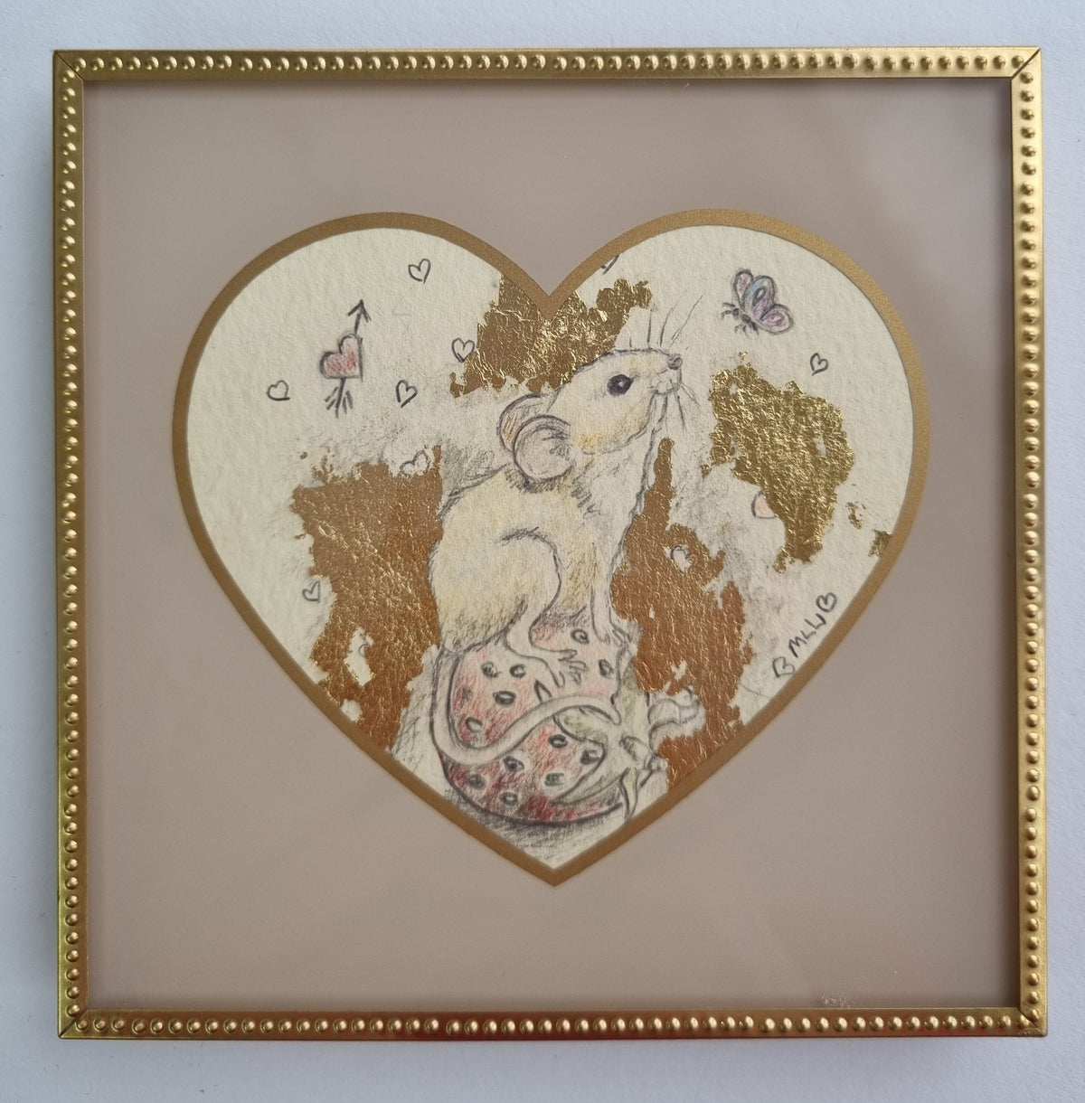 Original pencil sketch with gold leaf, depicting mice inside a heart, in a gold frame by Marie Louise Wrightson.
