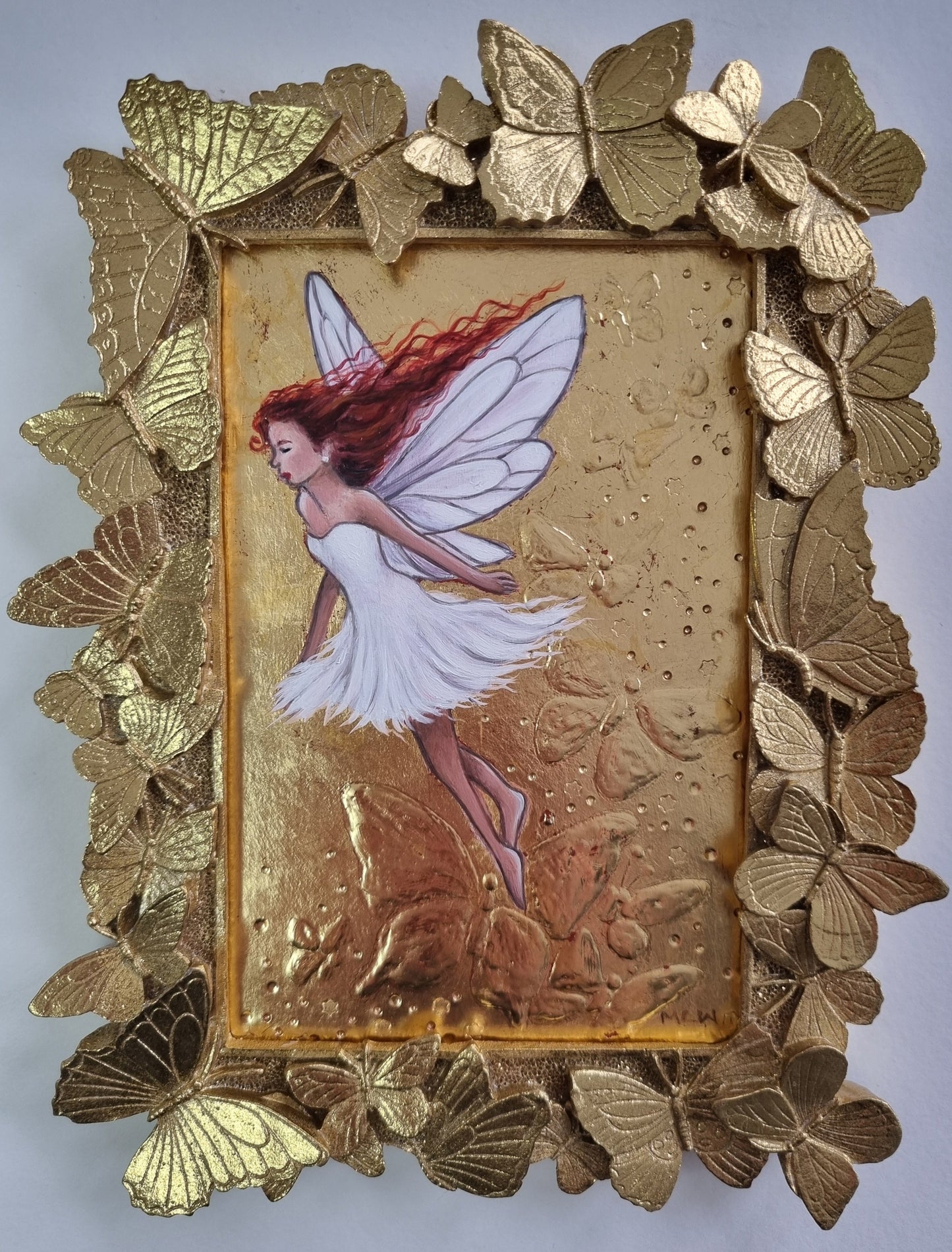 The Flight Of The Butterflies original mixed media artwork by Marie Louise Wrightson with gold leaf and textured gesso on board