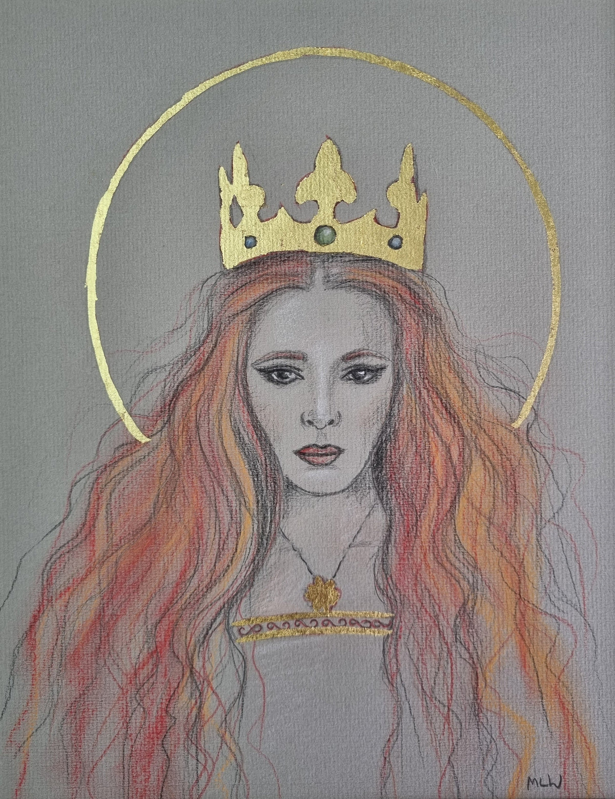 Original mixed-media sketch by Marie Louise Wrightson, a red-haired queen wearing a gold crown and halo on grey paper.