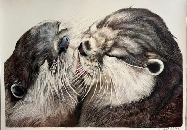 Natalie Bell original pastel painting of otter family titled Just The Two Of Us