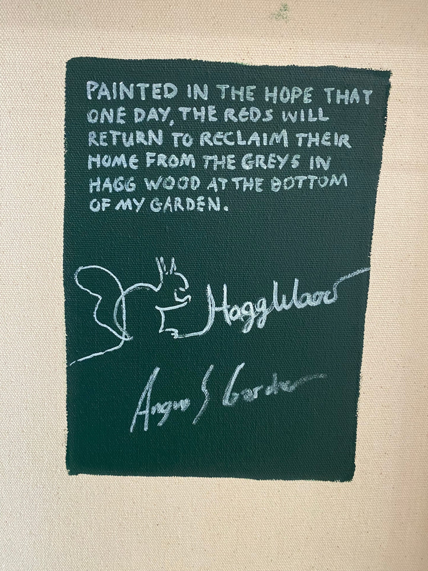 No Mission Impossible original acrylic painting by Angus Gardner featuring a red squirrel stealing nuts from a grey squirrel's home
