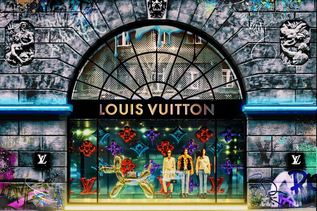 Limited edition Onelife183 pop art print of a Louis Vuitton storefront, with neon details, graffiti and colorful motifs.