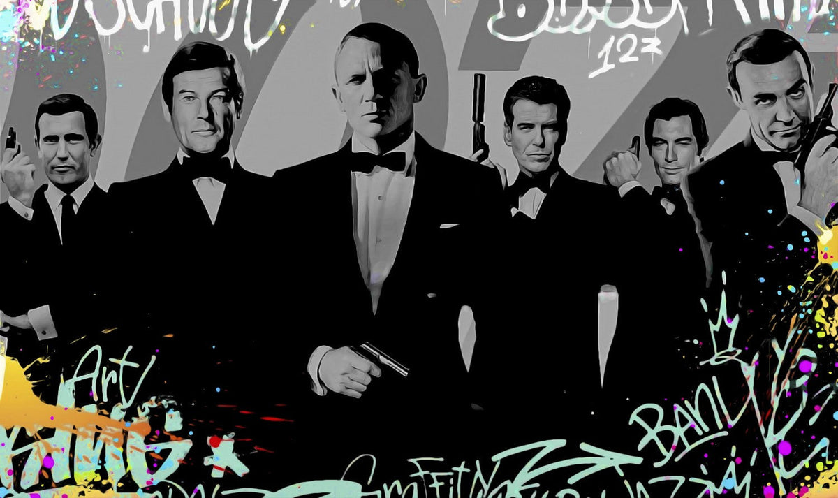 Pop art canvas print by Onelife183 featuring black-and-white James Bond portraits against colorful graffiti lettering and splashes.