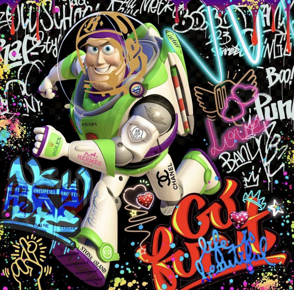 Pop art print featuring Onelife183’s Buzz Lightyear in white, green and purple armor, covered in colorful graffiti lettering and logos.
