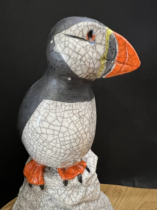 Paul Jenkins Puffin On A Rock Raku Sculpture - The Acorn Gallery, Pocklington