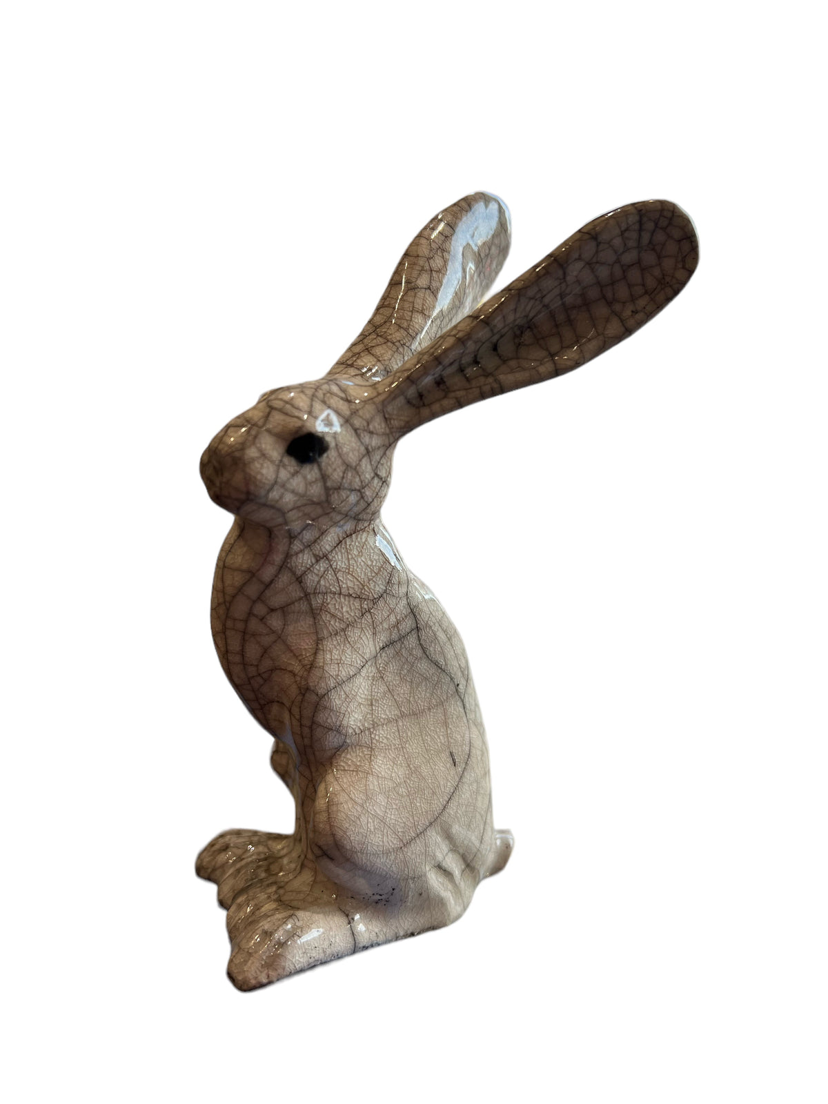 Sitting hare sculpture by Paul Jenkins, cream and brown glazed ceramic with crackle Raku pattern and long upright ears.