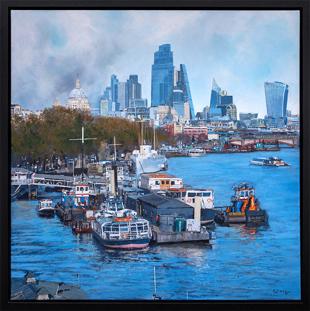 Original acrylic painting by Paul McIntyre, depicting Thames boats and barges beneath St Paul’s and the City skyline in vivid blues.