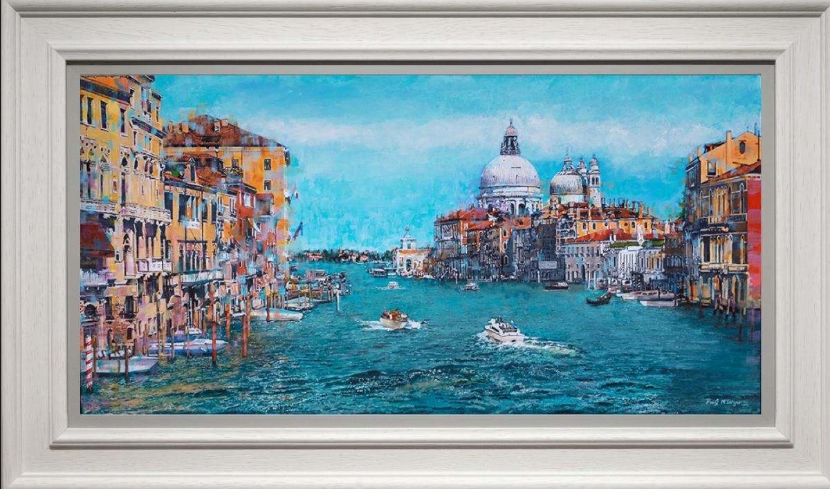 Venice cityscape print by Paul McIntyre, colourful textured artwork with turquoise canal, boats and domed architecture in a white frame.