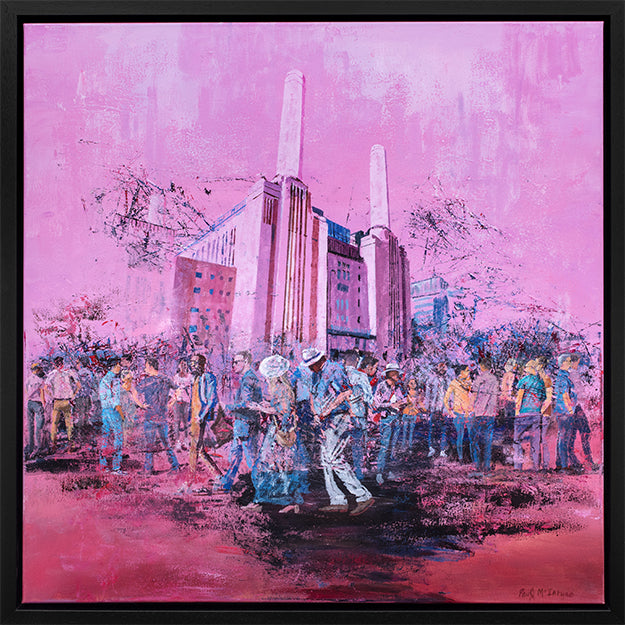 Original acrylic painting by Paul McIntyre featuring Battersea Power Station, a crowd of visitors and vivid pink tones on canvas.
