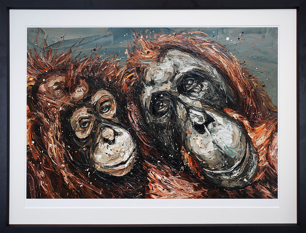 Paper print by Paul Oz featuring two expressive orangutans in textured brown, black, cream and rust brushstrokes, framed in white.