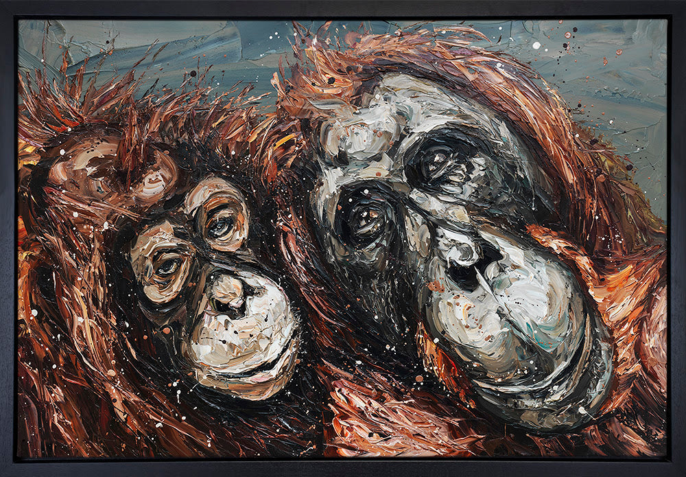 Hand-embellished canvas by Paul Oz, featuring expressive orangutans in textured brown, black and cream brushstrokes.