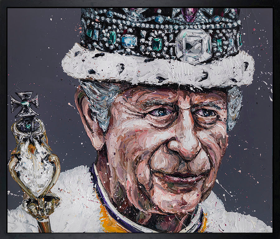 Hand-embellished canvas portrait by Paul Oz of King Charles in a jeweled crown and white ceremonial uniform, with bold textured brushstrokes.