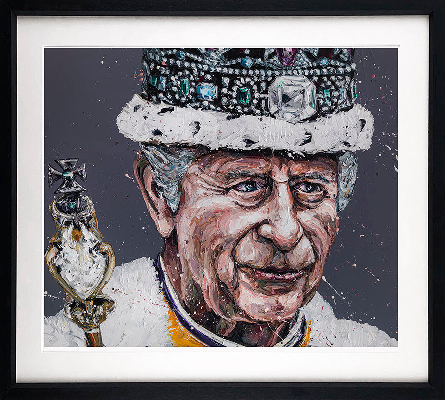 Limited edition print by Paul Oz, showing King Charles in a jeweled ceremonial hat and uniform, rendered in textured colors.