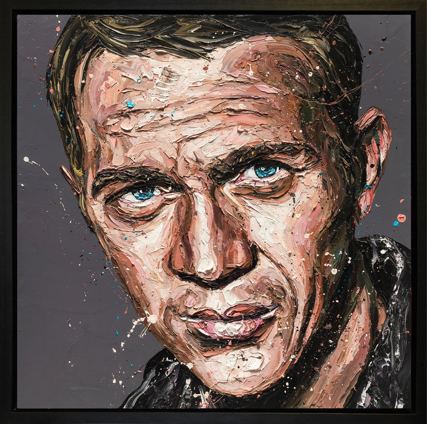 Hand-embellished canvas portrait by Paul Oz, featuring a vivid textured close-up of Steve McQueen in warm tones and dark clothing