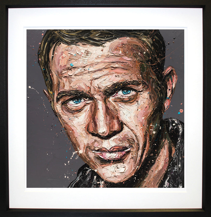 Paper print by Paul Oz featuring a vivid, textured portrait of Steve McQueen with expressive brushstrokes and paint splatters.