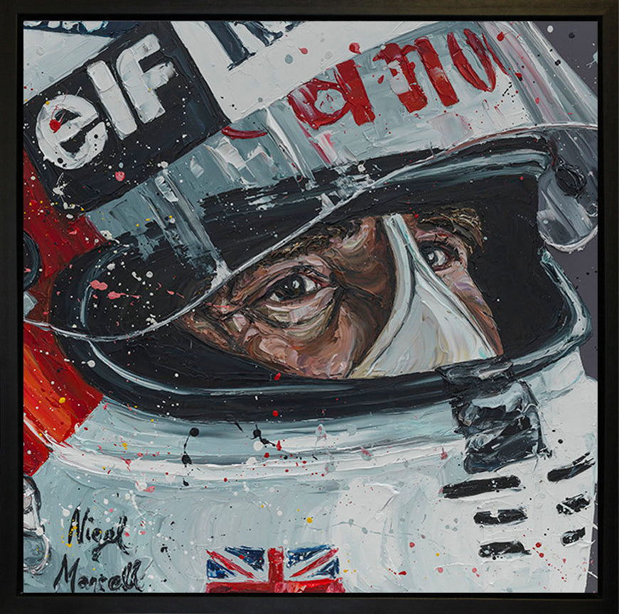 Limited edition hand-embellished canvas of Nigel Mansell by Paul Oz, hand signed and framed 23x23 inches