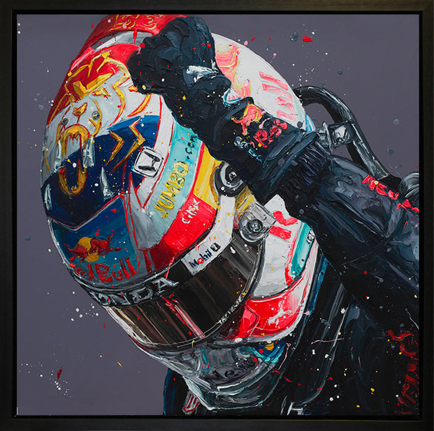 Limited edition hand embellished canvas print by Paul Oz titled Max Dutch GP '21 Wall of Champions, signed and framed 23x23 inches