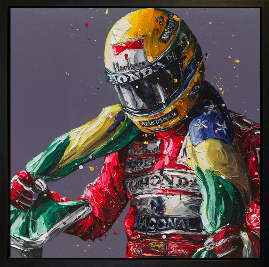 Senna Flag 25th Anniversary hand-embellished canvas artwork by Paul Oz, limited edition print signed and framed