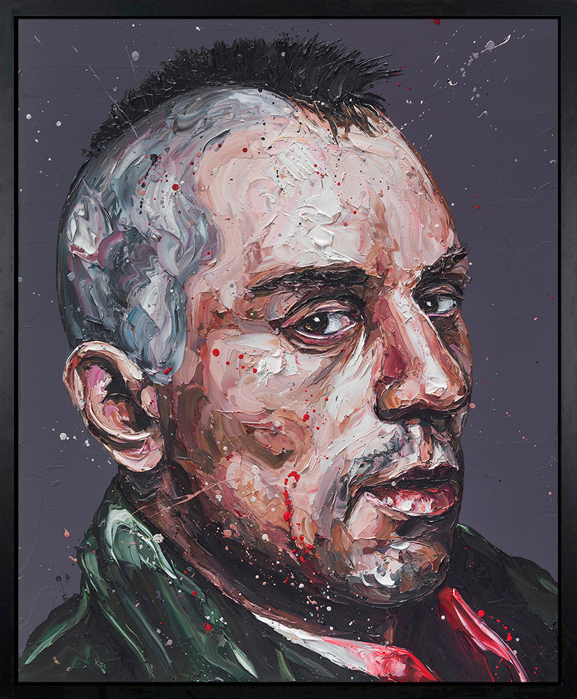 Hand embellished canvas by Paul Oz featuring a textured portrait in muted tones with vivid red splatters and accents.