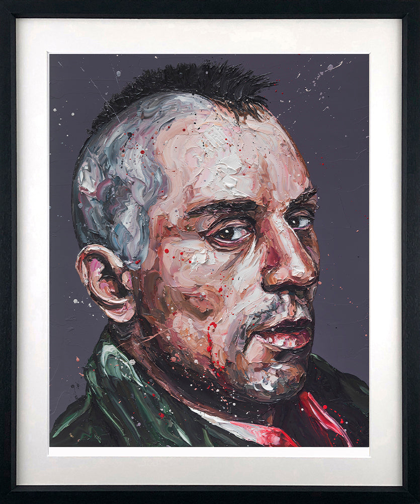 Paper print by Paul Oz, framed portrait of a man in expressive red, grey and black paint on a dark background.