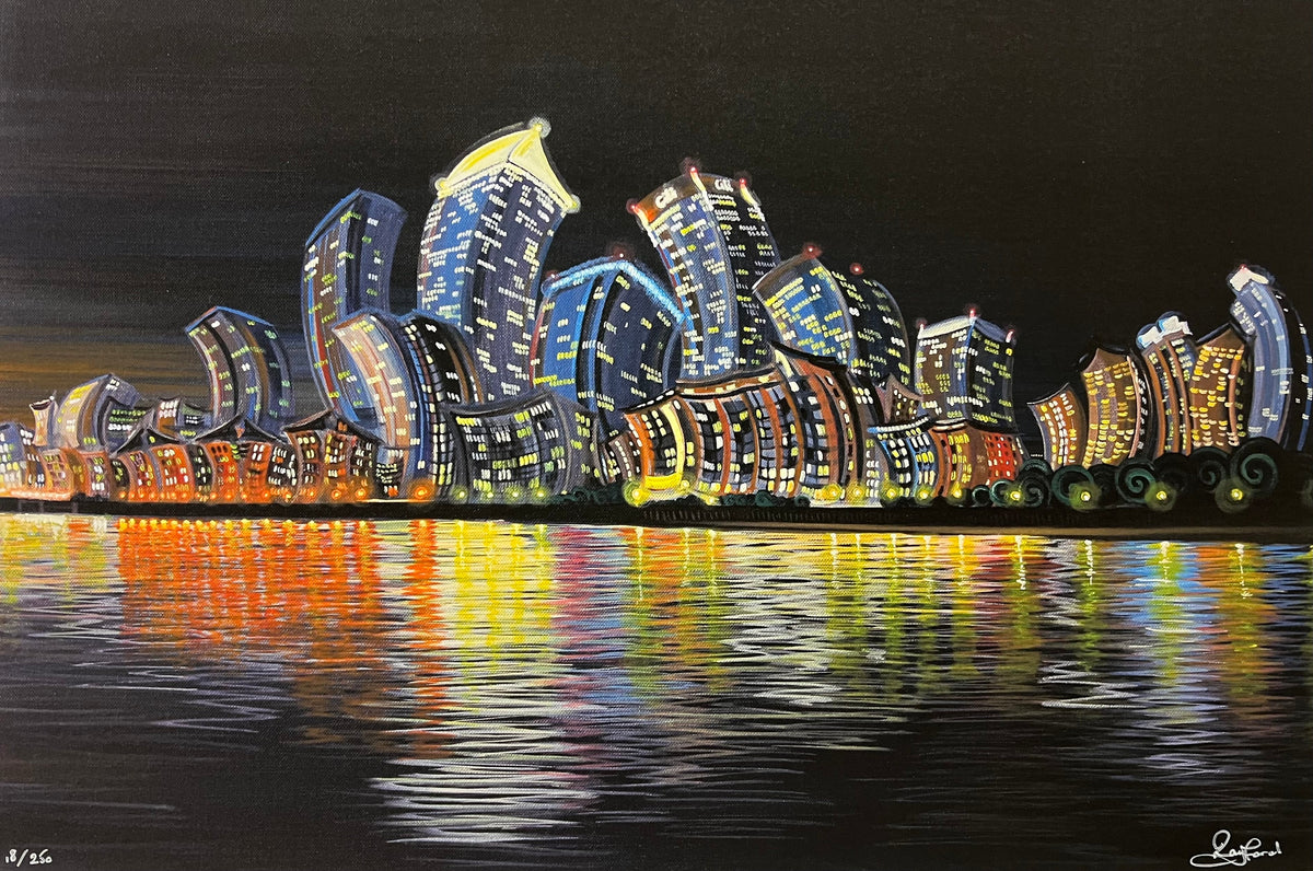 Limited edition print by Rayford depicting Canary Wharf’s illuminated skyscrapers reflected in the water, with bold colours and fine details.