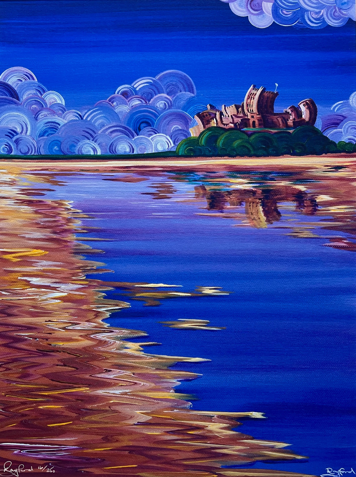 Limited edition Rayford giclée print of a coastal castle, with vivid blue water and stylised swirling clouds, hand signed.