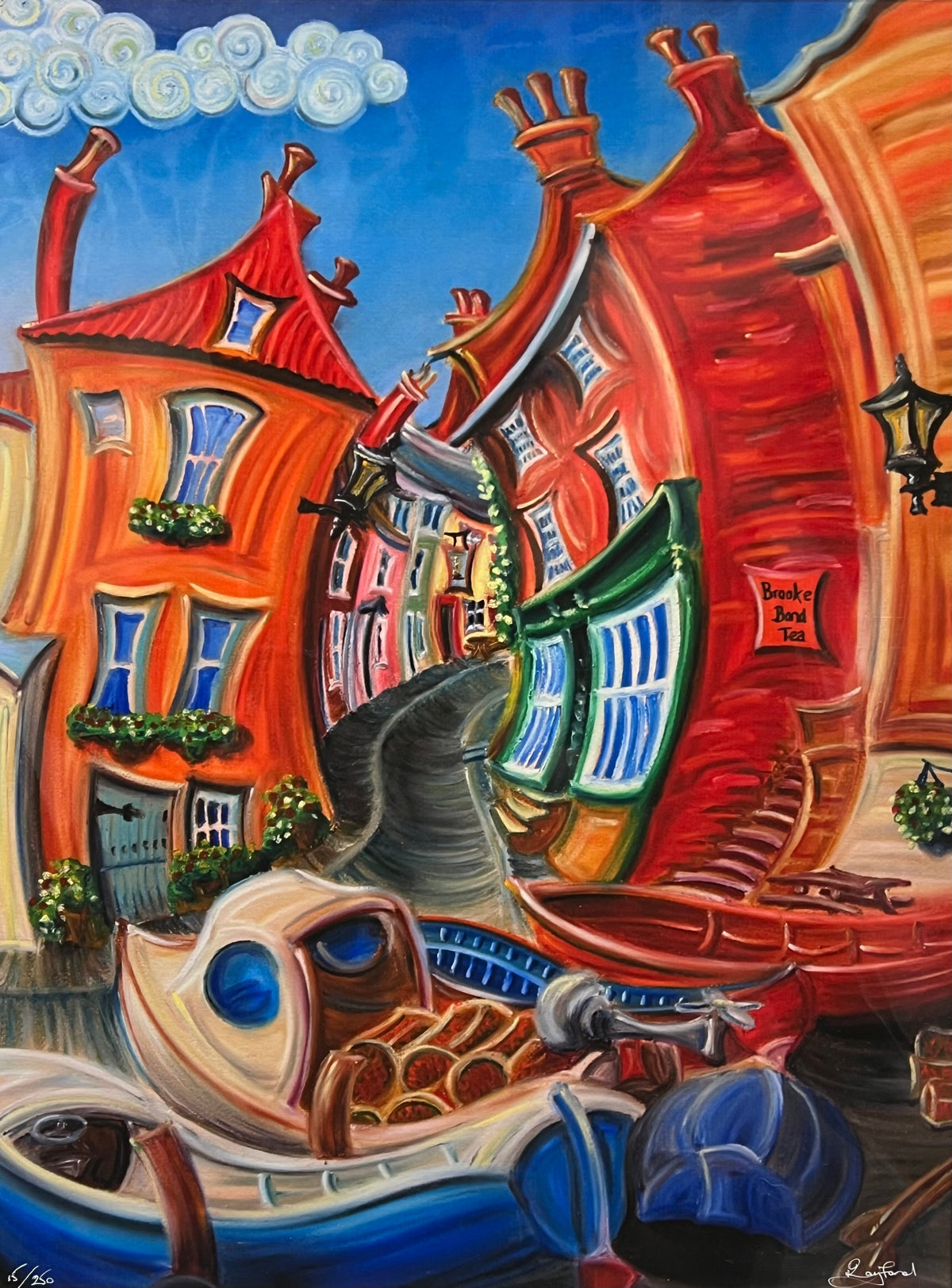Limited edition print by Rayford, a vivid colourful painting of a boat among warped red and orange harbour buildings.