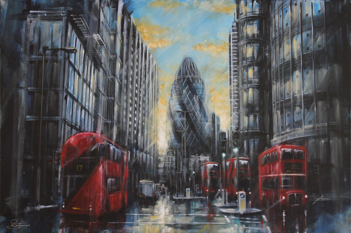 Limited edition Rayford giclée print of London’s Gherkin among city buildings and red double-decker buses, in expressive blue tones.