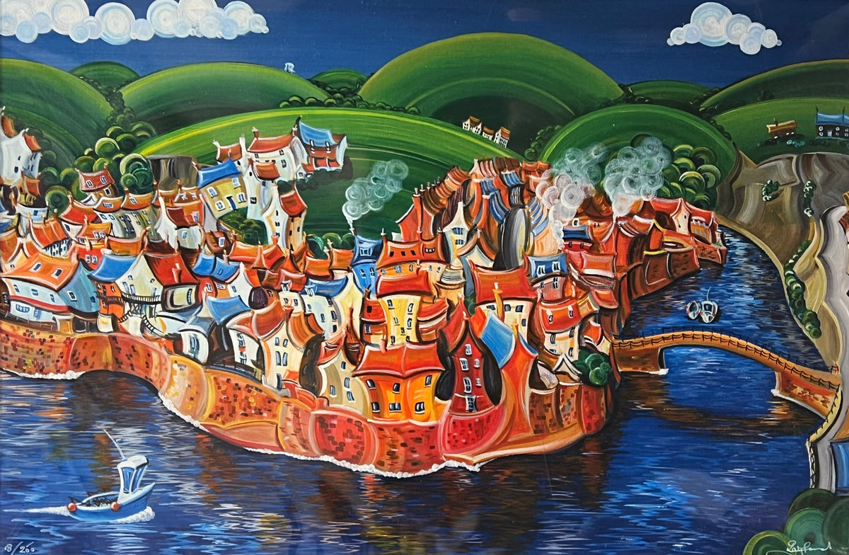 Limited edition Rayford print depicting a colourful coastal village with orange-roofed houses, blue water and green hills.