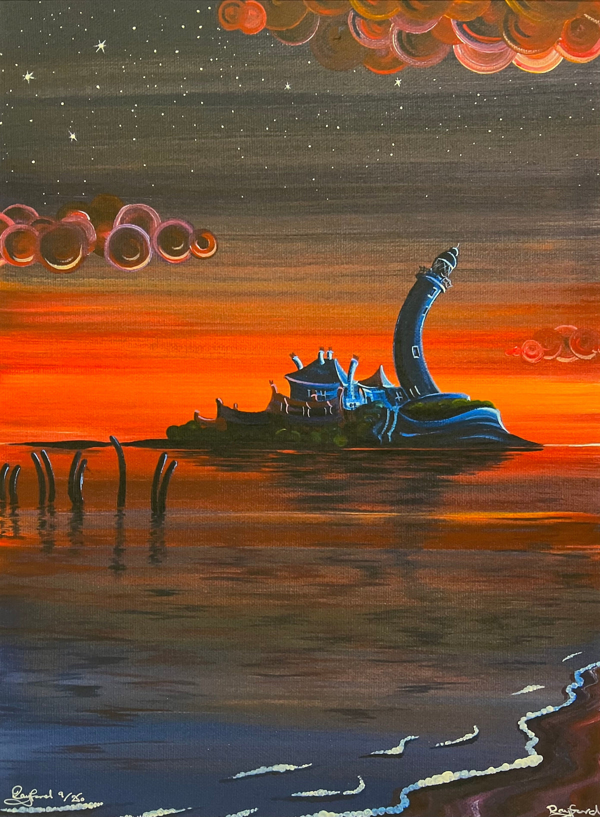 Limited edition Rayford print featuring a blue ship on a vivid orange sunset sea with circular clouds and starry skies.