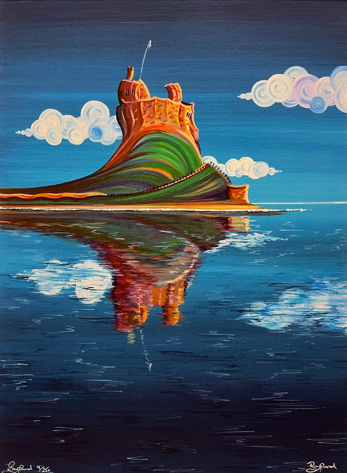Limited edition Rayford print on paper, depicting a colourful striped island castle reflected in deep blue water beneath swirling clouds.