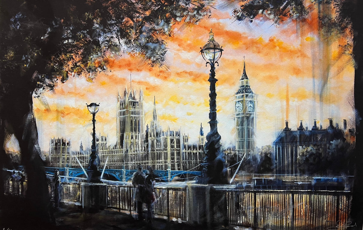 Limited edition print by Rayford, depicting Big Ben and the Houses of Parliament beneath a vivid orange sunset in textured brushstrokes.