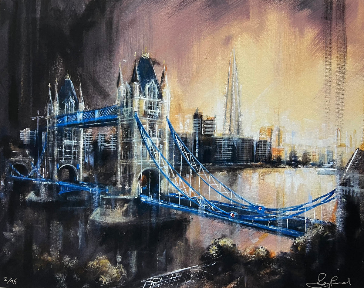 Limited edition print by Rayford depicting London’s Tower Bridge in vivid blue, with expressive painterly city reflections at dusk.