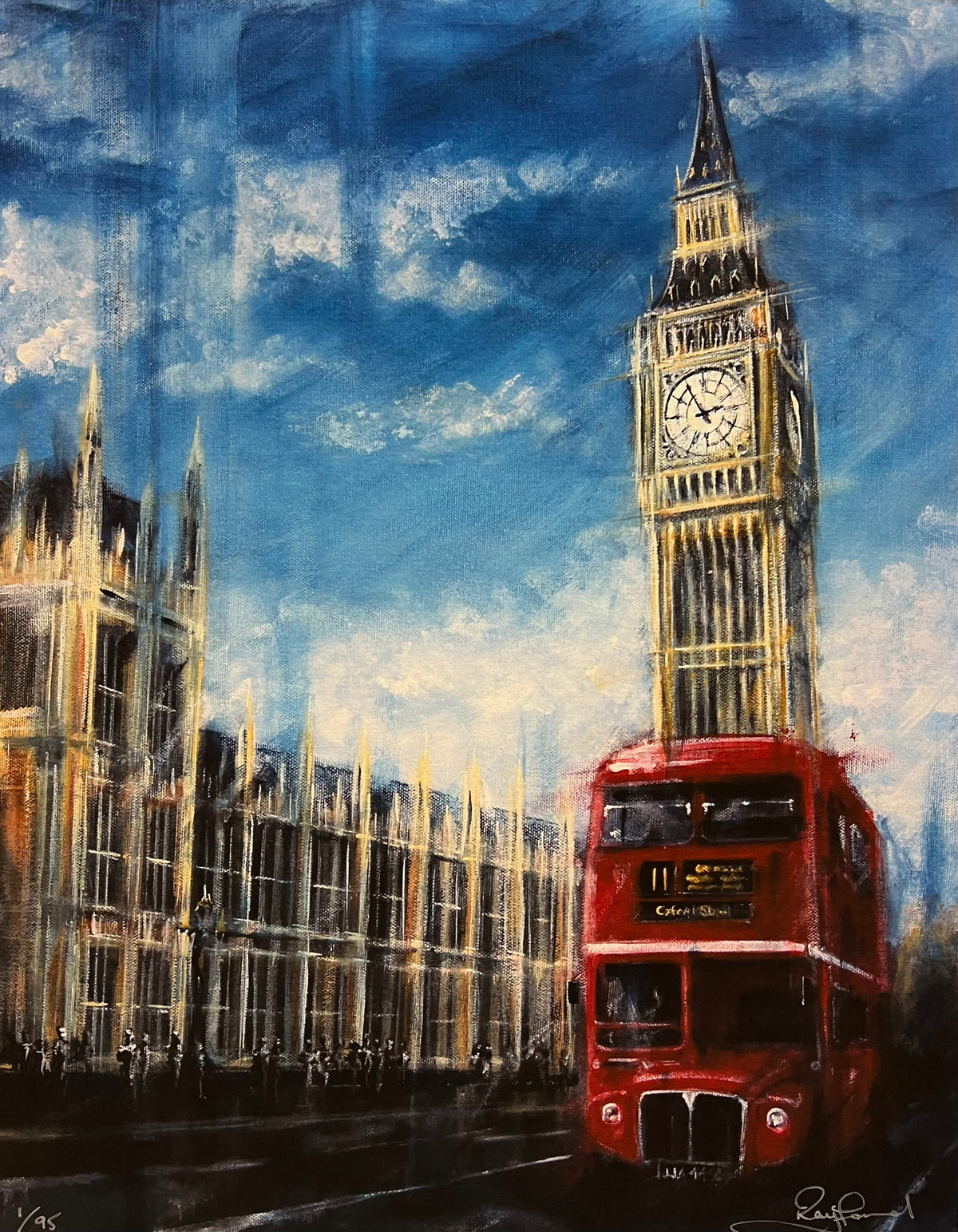 Limited edition Rayford print of a red double-decker bus passing Big Ben, with expressive blue and gold brushstrokes.