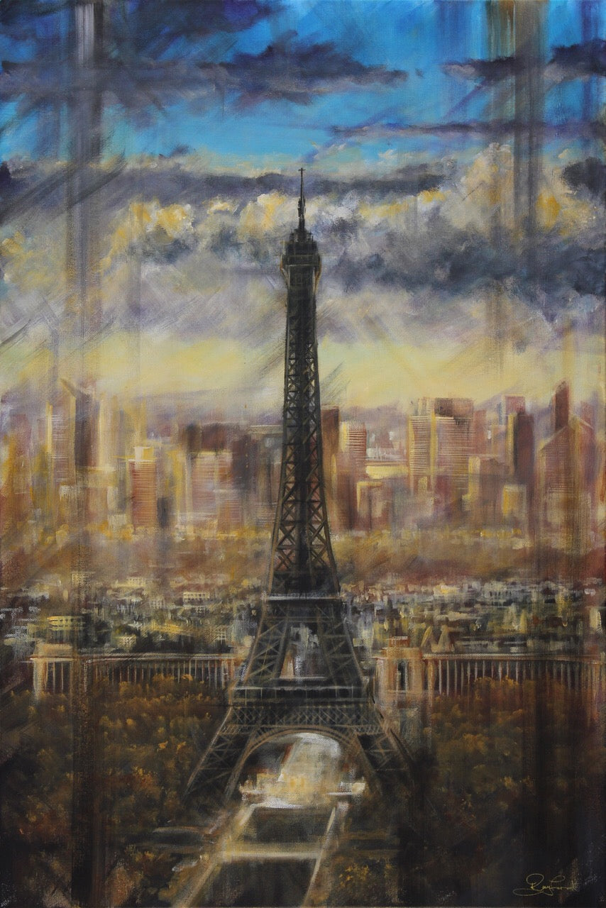 Giclee print by Rayford showing the Eiffel Tower over Paris in blue, gold and brown, with expressive cloudy brushwork.