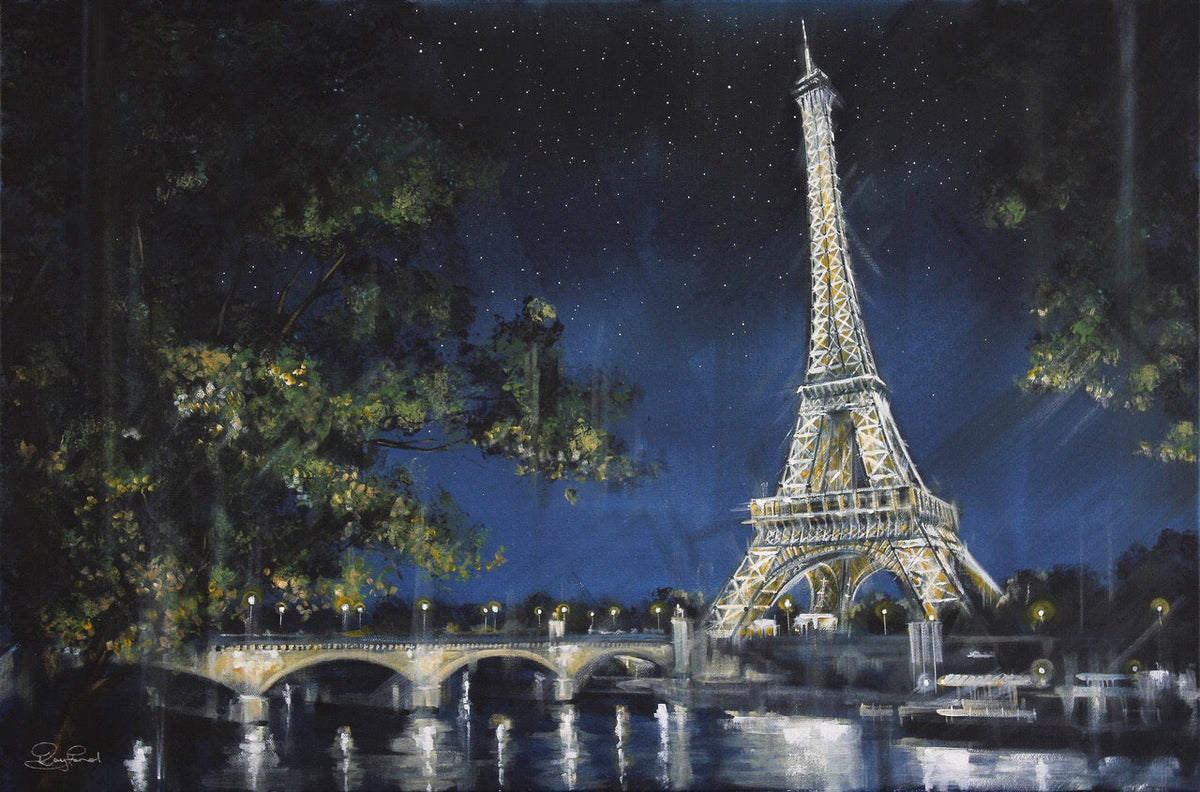 Limited edition Rayford print on paper, depicting the illuminated Eiffel Tower and bridge reflected in the Seine at night.