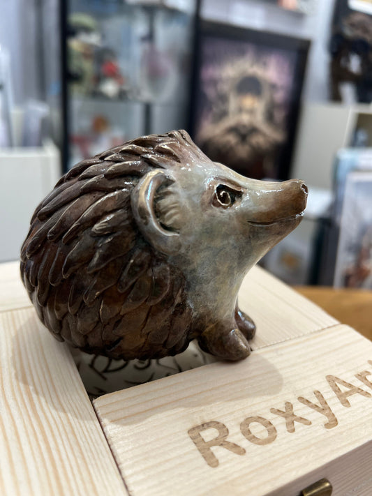 Spike bronze hedgehog sculpture by Roxy Winterburn, limited edition, hand-signed, 3-inch tall collectible