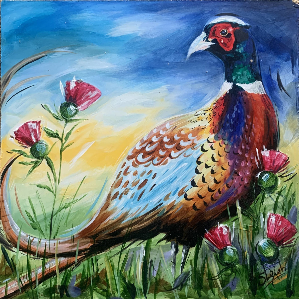 Original acrylic painting by Susan Ballard of a colourful pheasant among pink flowers, with bold brushstrokes and blue-yellow hues.