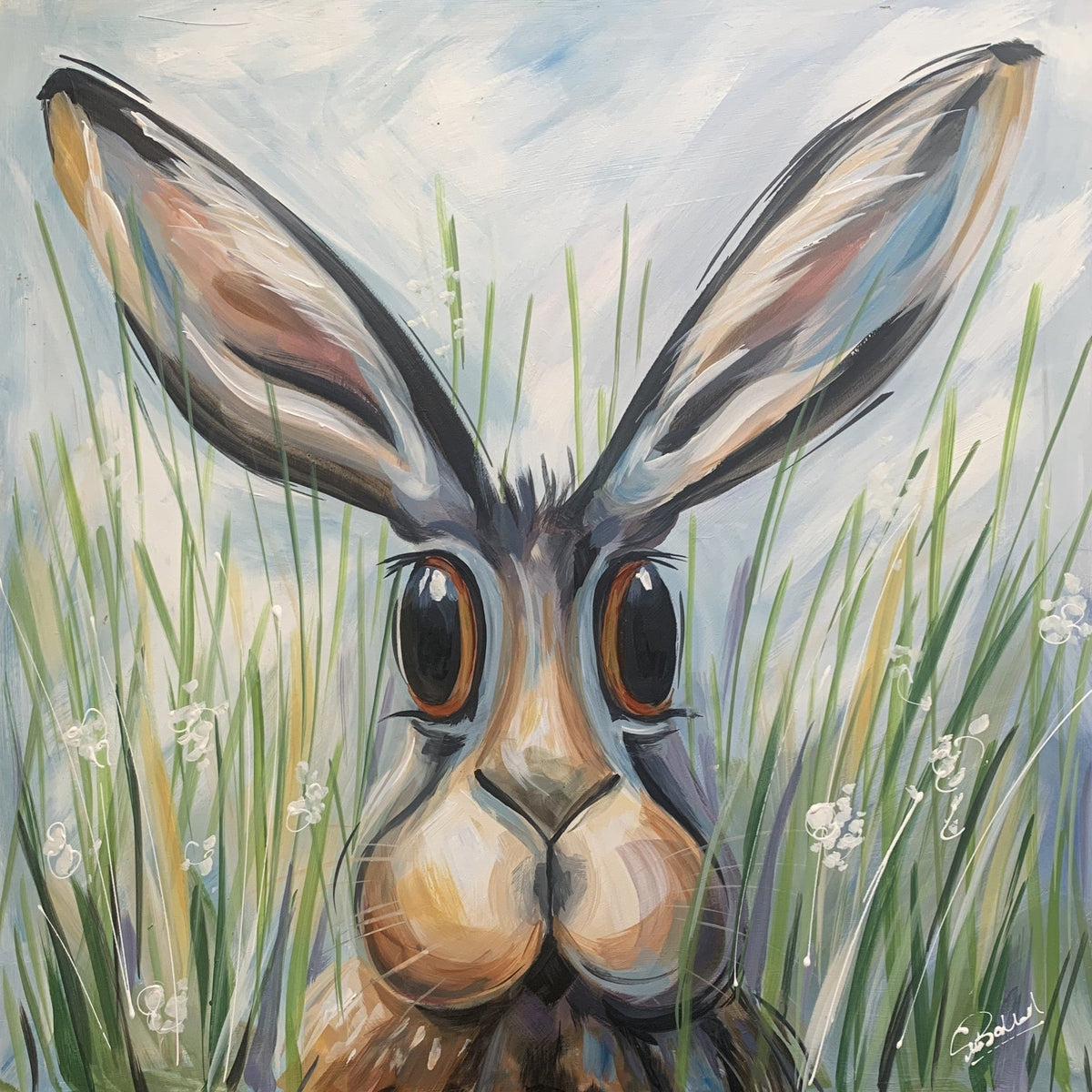 Original acrylic painting of a large-eared hare in muted gray, brown, and cream, signed by Susan Ballard, with grass details.