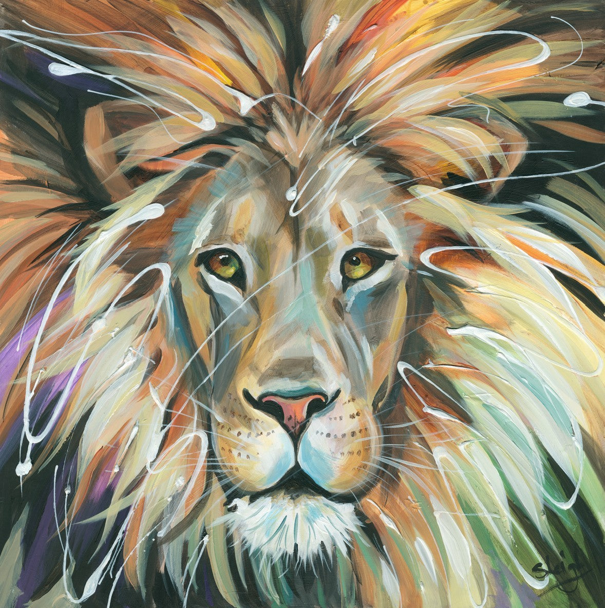 Original acrylic painting by Susan Ballard featuring a close-up lion portrait with a flowing multicoloured mane and expressive eyes.