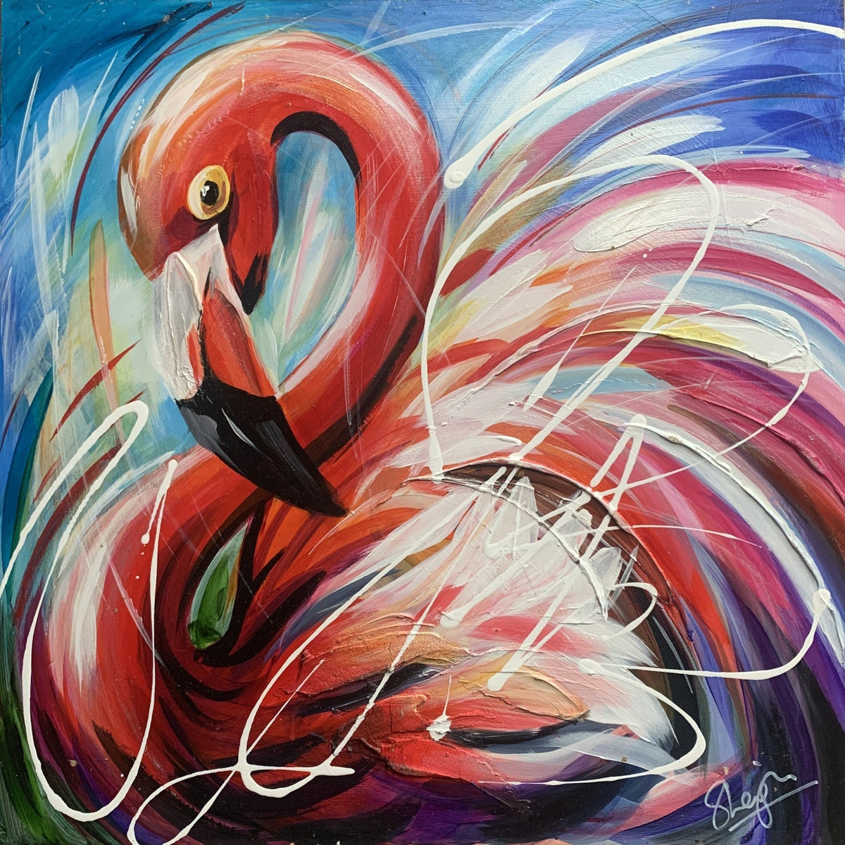 Original acrylic painting by Susan Ballard, featuring a vibrant pink and red flamingo with sweeping blue and white brushstrokes.