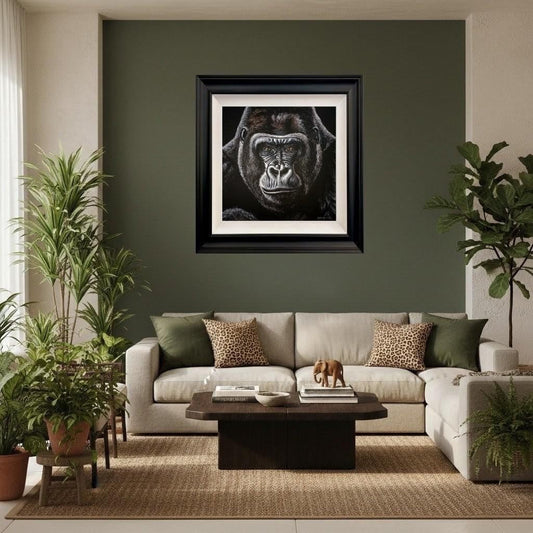 Jungle Living Room showing Bearer of Strength Original Gorilla Painting by Sophie Kilpatrick. Available at The Acorn Gallery in Pocklington. Free UK Delivery.