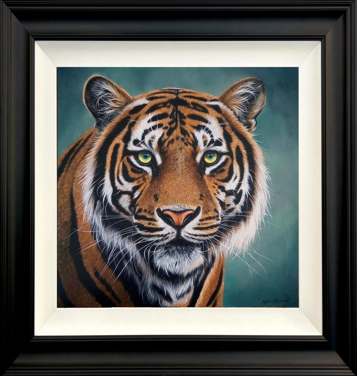Sophie Kilpatrick tiger painting, The Watchful King is available at The Acorn Gallery, Pocklington. Call 01759 307652. Delivery available.