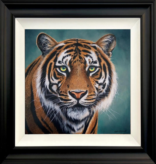 Sophie Kilpatrick tiger painting, The Watchful King is available at The Acorn Gallery, Pocklington. Call 01759 307652. Delivery available.