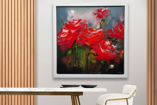 A Stephen Simpson framed original painting titled Botanic Rhapsode in red. Available at The Acorn Gallery Pocklington. Shop online or call us on 01759 307652.