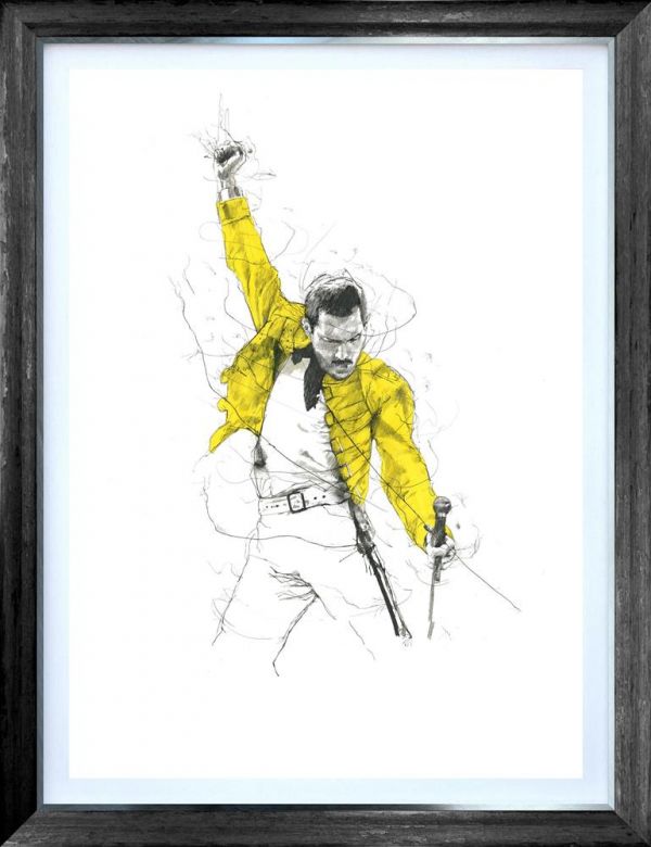 Limited edition print by Scott Tetlow of Freddie Mercury in a bright yellow jacket, drawn in expressive black linework on white paper.