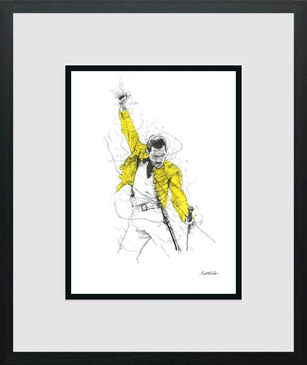 Limited edition print by Scott Tetlow, featuring a sketch of Freddie Mercury in a bright yellow jacket with black details.