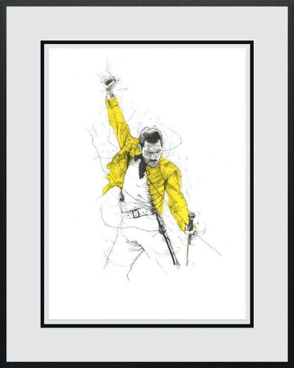 Limited edition print by Scott Tetlow featuring a sketch of Freddie Mercury in a bright yellow jacket, raising one arm with a microphone.