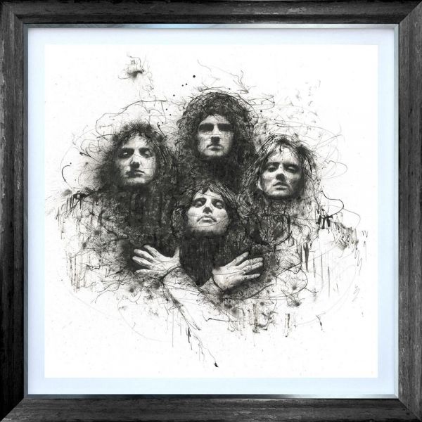 Limited edition print by Scott Tetlow, monochrome sketch of four band members with expressive, tangled lines on paper.